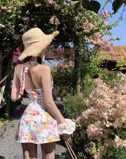 Vibrant Floral Printed V-Neck Mini Dress Refined Backless Close-Fitting Halter Short Dress AP1081