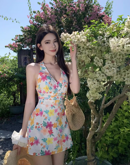 Vibrant Floral Printed V-Neck Mini Dress Refined Backless Close-Fitting Halter Short Dress AP1081