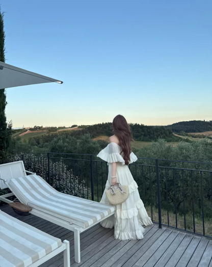 Summer Ruffles Hem Hollow-Out Maxi Dress Off-Shoulder Strapless Flowy Long Dress AP1082