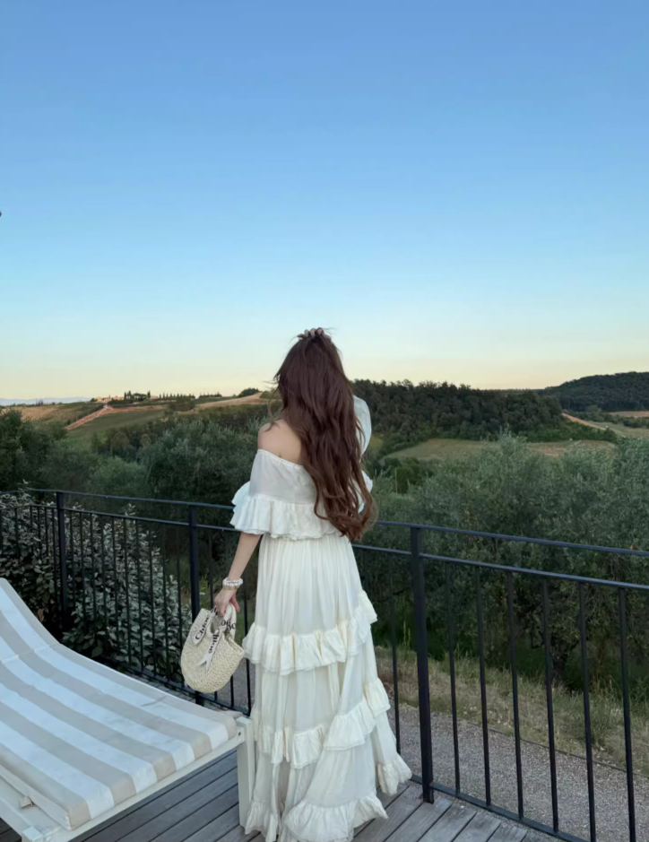 Summer Ruffles Hem Hollow-Out Maxi Dress Off-Shoulder Strapless Flowy Long Dress AP1082