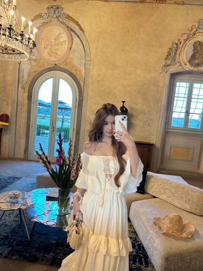 Summer Ruffles Hem Hollow-Out Maxi Dress Off-Shoulder Strapless Flowy Long Dress AP1082