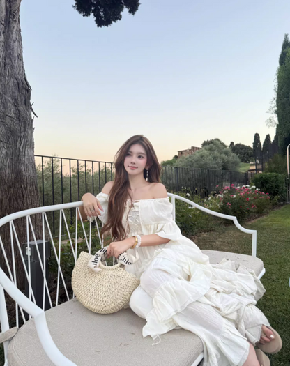 Summer Ruffles Hem Hollow-Out Maxi Dress Off-Shoulder Strapless Flowy Long Dress AP1082