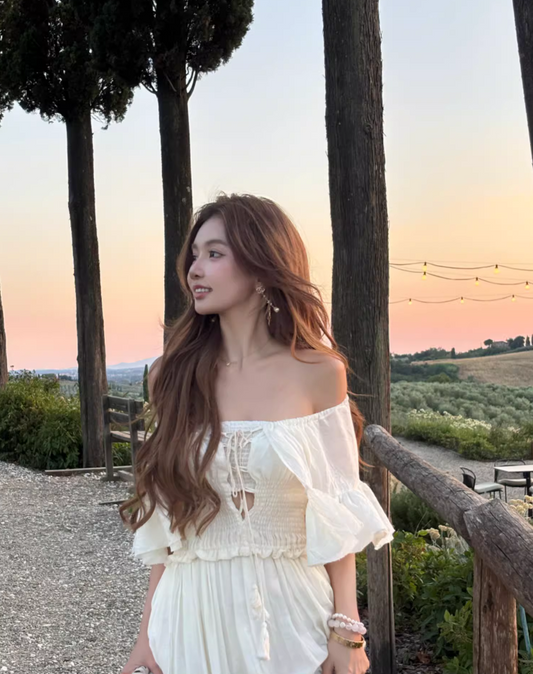 Summer Ruffles Hem Hollow-Out Maxi Dress Off-Shoulder Strapless Flowy Long Dress AP1082