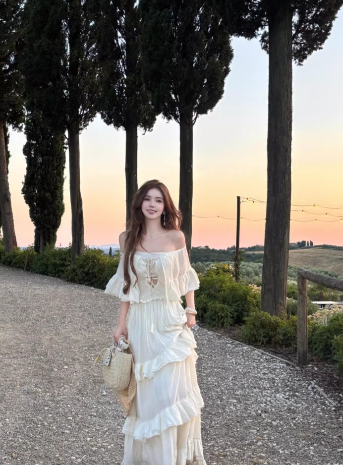 Summer Ruffles Hem Hollow-Out Maxi Dress Off-Shoulder Strapless Flowy Long Dress AP1082