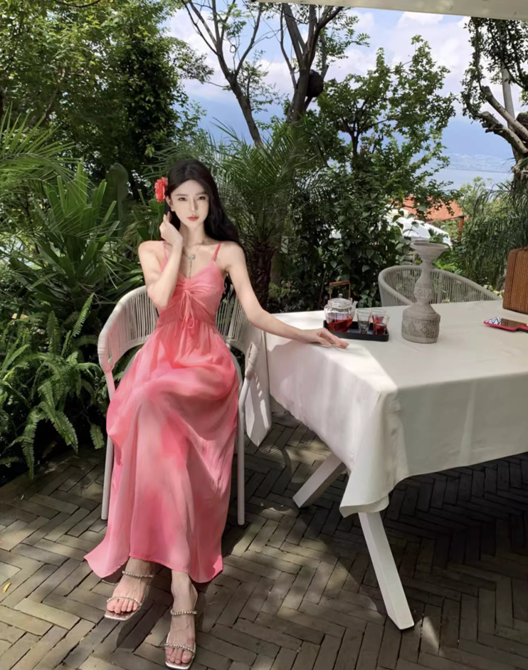 Cute Island Vibes Pink Maxi Dress Waist-Cinched Sweetheart Neck Spaghetti Strap Long Dress AP1084