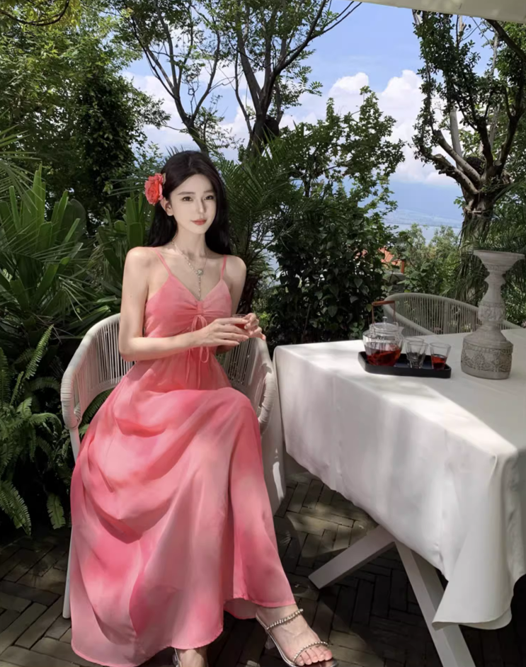 Cute Island Vibes Pink Maxi Dress Waist-Cinched Sweetheart Neck Spaghetti Strap Long Dress AP1084
