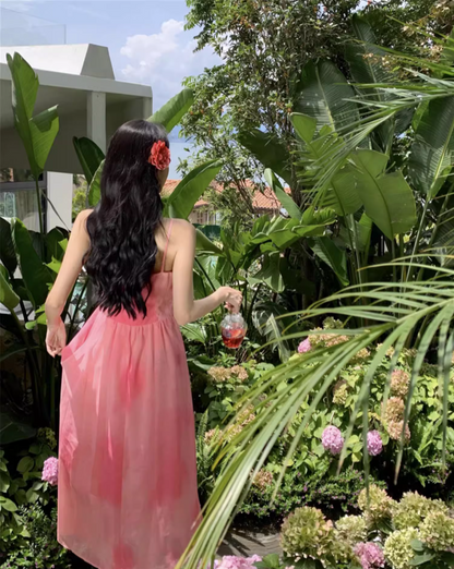 Cute Island Vibes Pink Maxi Dress Waist-Cinched Sweetheart Neck Spaghetti Strap Long Dress AP1084