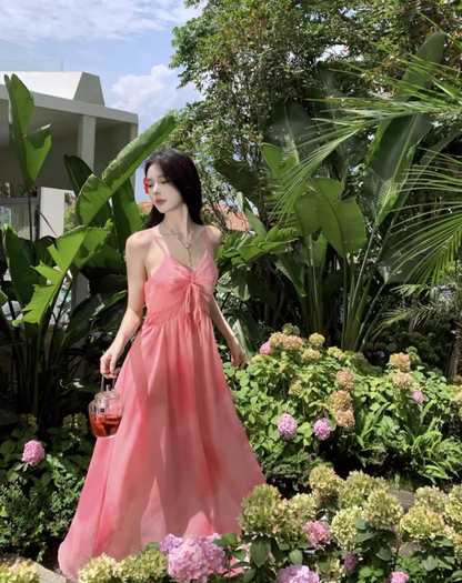 Cute Island Vibes Pink Maxi Dress Waist-Cinched Sweetheart Neck Spaghetti Strap Long Dress AP1084