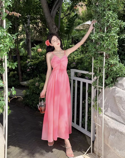Cute Island Vibes Pink Maxi Dress Waist-Cinched Sweetheart Neck Spaghetti Strap Long Dress AP1084
