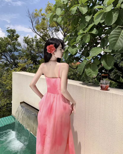 Cute Island Vibes Pink Maxi Dress Waist-Cinched Sweetheart Neck Spaghetti Strap Long Dress AP1084