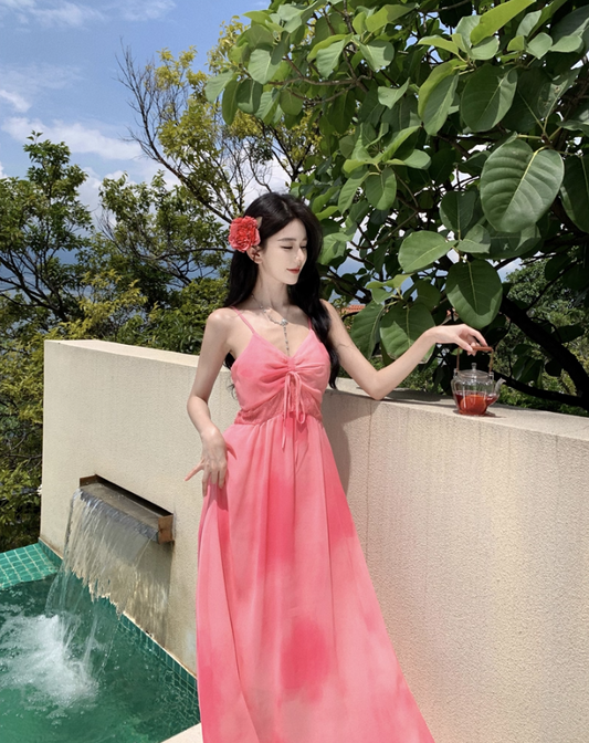 Cute Island Vibes Pink Maxi Dress Waist-Cinched Sweetheart Neck Spaghetti Strap Long Dress AP1084