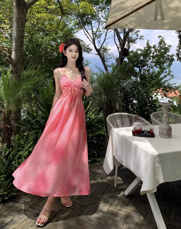 Cute Island Vibes Pink Maxi Dress Waist-Cinched Sweetheart Neck Spaghetti Strap Long Dress AP1084