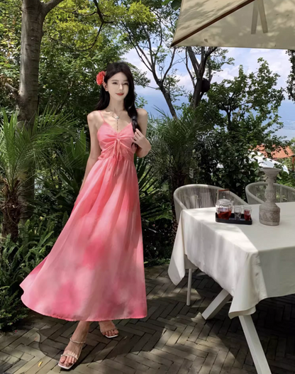Cute Island Vibes Pink Maxi Dress Waist-Cinched Sweetheart Neck Spaghetti Strap Long Dress AP1084