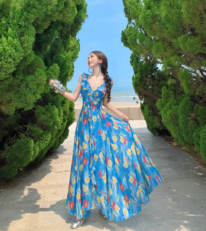 Artistic Floral Print Blue V-Neck Maxi Dress Waist-Cinched Ruffles Trimmed Spaghetti Strap Long Dress AP1085