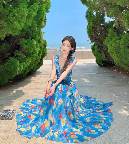 Artistic Floral Print Blue V-Neck Maxi Dress Waist-Cinched Ruffles Trimmed Spaghetti Strap Long Dress AP1085