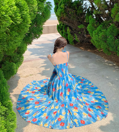 Artistic Floral Print Blue V-Neck Maxi Dress Waist-Cinched Ruffles Trimmed Spaghetti Strap Long Dress AP1085