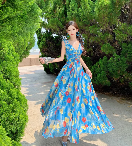 Artistic Floral Print Blue V-Neck Maxi Dress Waist-Cinched Ruffles Trimmed Spaghetti Strap Long Dress AP1085