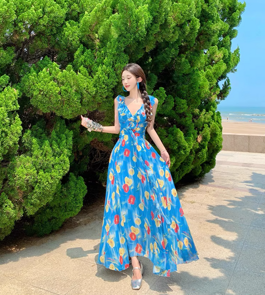 Artistic Floral Print Blue V-Neck Maxi Dress Waist-Cinched Ruffles Trimmed Spaghetti Strap Long Dress AP1085
