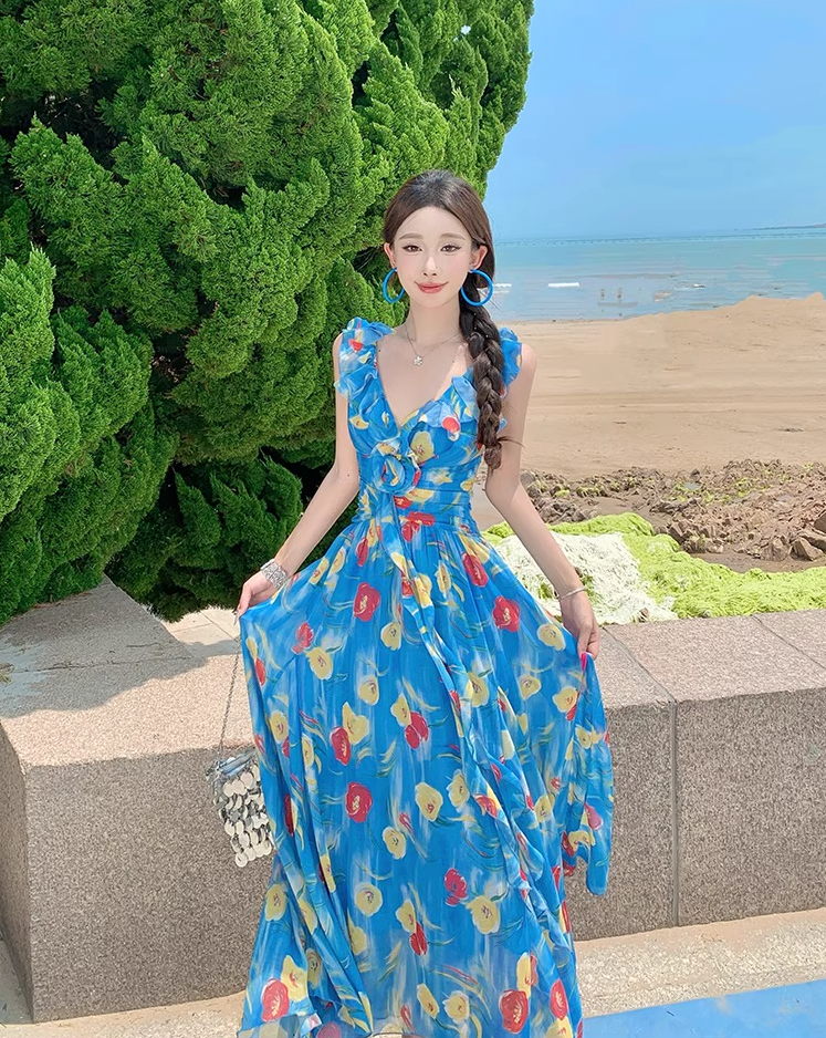 Artistic Floral Print Blue V-Neck Maxi Dress Waist-Cinched Ruffles Trimmed Spaghetti Strap Long Dress AP1085
