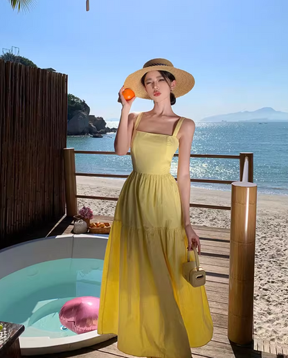 Vibrant Yellow Square Neck Maxi Dress Waist-Cinched Tie-Back Bow Design Long Dress AP1086
