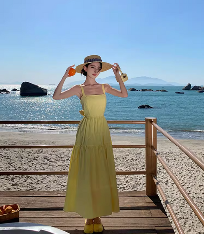 Vibrant Yellow Square Neck Maxi Dress Waist-Cinched Tie-Back Bow Design Long Dress AP1086