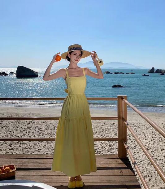 Vibrant Yellow Square Neck Maxi Dress Waist-Cinched Tie-Back Bow Design Long Dress AP1086