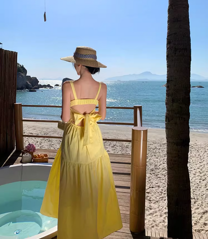 Vibrant Yellow Square Neck Maxi Dress Waist-Cinched Tie-Back Bow Design Long Dress AP1086