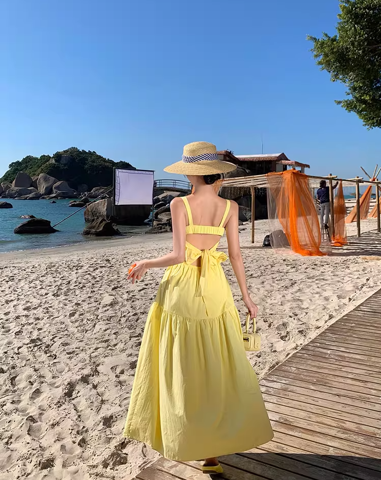 Vibrant Yellow Square Neck Maxi Dress Waist-Cinched Tie-Back Bow Design Long Dress AP1086