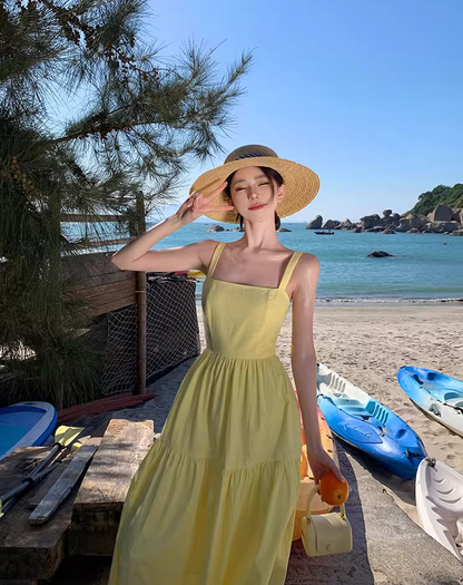 Vibrant Yellow Square Neck Maxi Dress Waist-Cinched Tie-Back Bow Design Long Dress AP1086