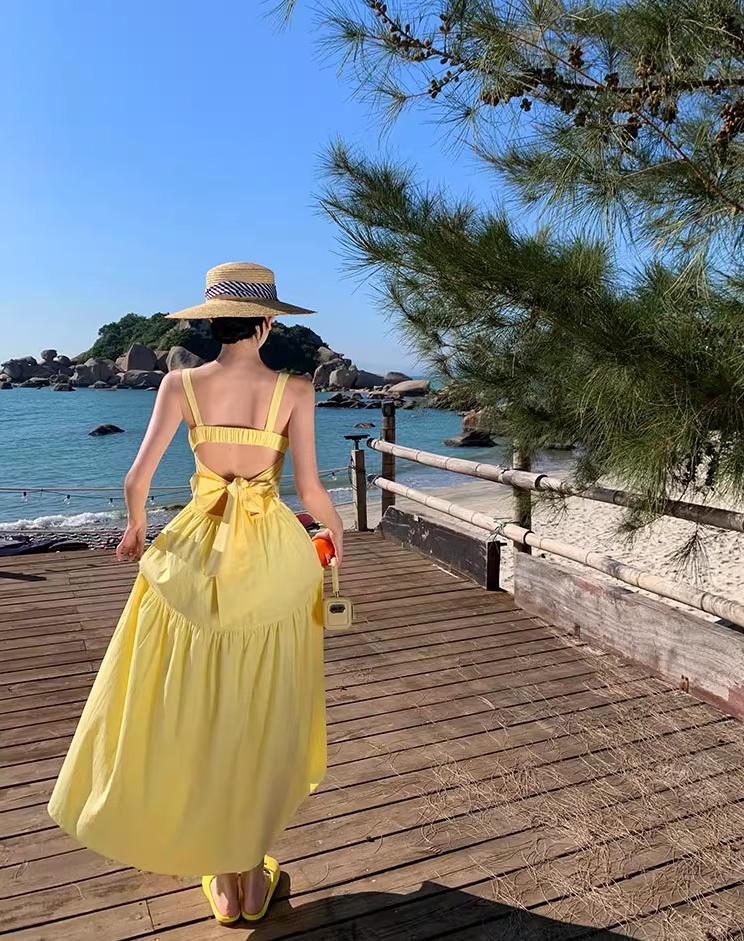 Vibrant Yellow Square Neck Maxi Dress Waist-Cinched Tie-Back Bow Design Long Dress AP1086