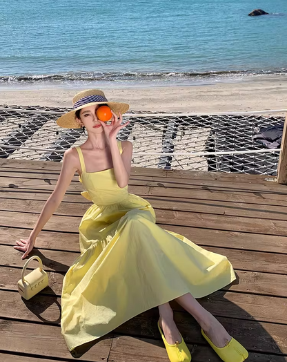 Vibrant Yellow Square Neck Maxi Dress Waist-Cinched Tie-Back Bow Design Long Dress AP1086