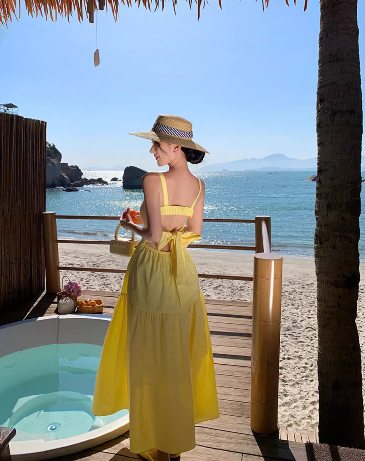 Vibrant Yellow Square Neck Maxi Dress Waist-Cinched Tie-Back Bow Design Long Dress AP1086