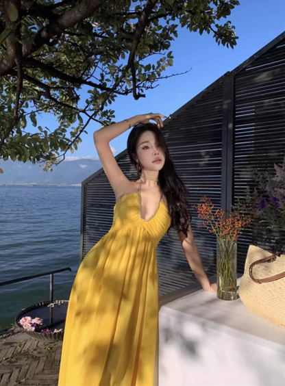 Romantic Yellow V-Neck Summer Maxi Dress Soft Fabric Flowy Backless Halter Dress AP1087