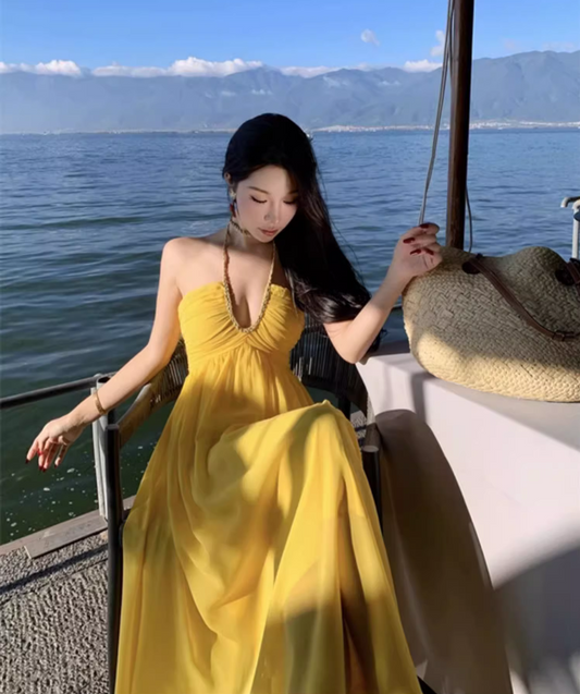 Romantic Yellow V-Neck Summer Maxi Dress Soft Fabric Flowy Backless Halter Dress AP1087