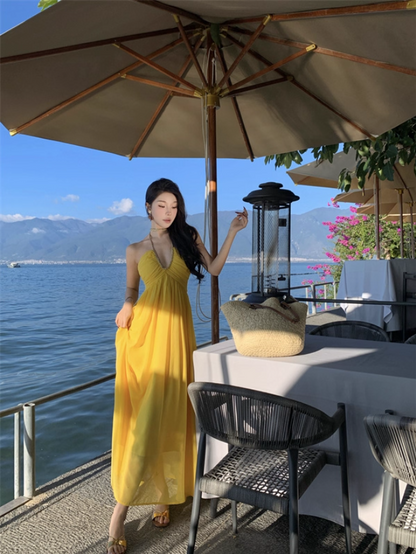 Romantic Yellow V-Neck Summer Maxi Dress Soft Fabric Flowy Backless Halter Dress AP1087