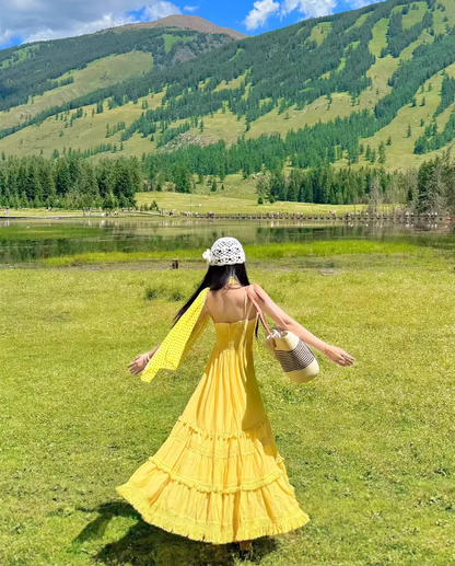 Chic Ruffles Hem Yellow Sweetheart Neck Maxi Dress Flowy Spaghetti Strap Tassel Design Long Dress AP1088