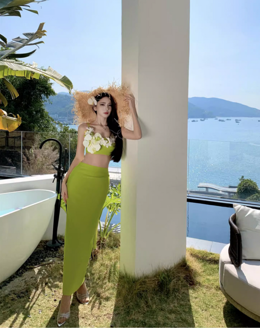 Romantic Two-Piece Slit Maxi Dress Summer Vacation Spaghetti Strap Stereo Floral Long Dress AP1090