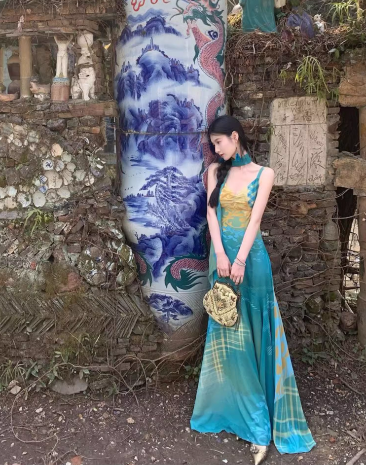 Boho Style Artistic Patterns Maxi Dress Flowy Design Spaghetti Strap Long Dress AP1092