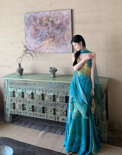 Boho Style Artistic Patterns Maxi Dress Flowy Design Spaghetti Strap Long Dress AP1092