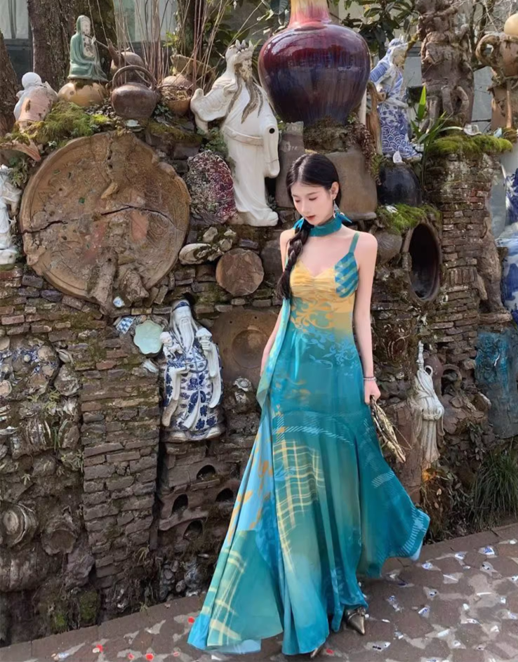 Boho Style Artistic Patterns Maxi Dress Flowy Design Spaghetti Strap Long Dress AP1092