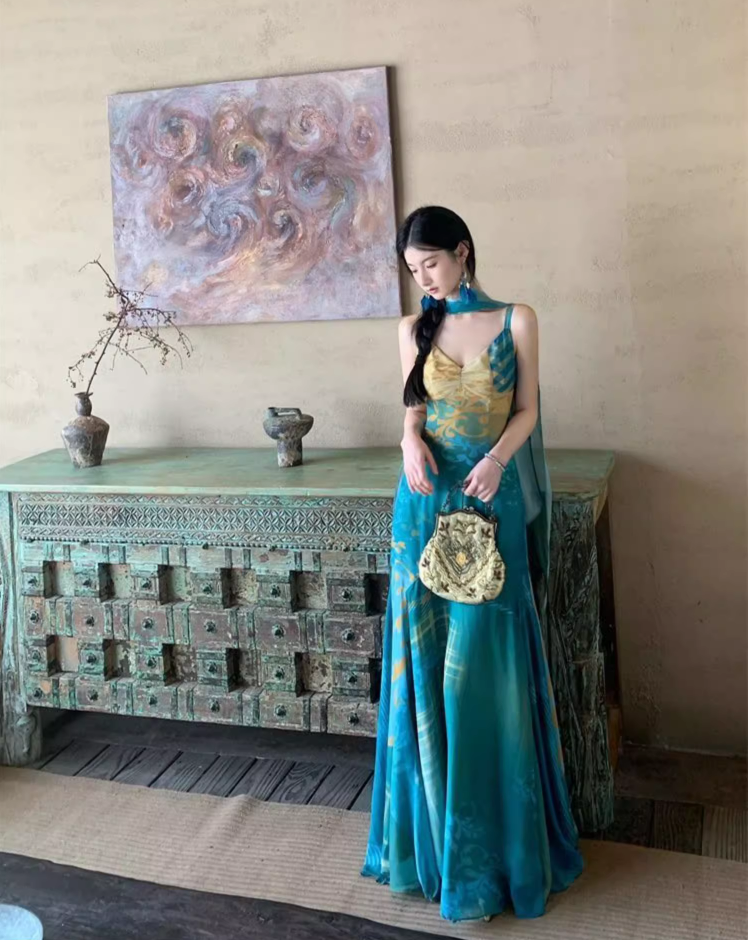 Boho Style Artistic Patterns Maxi Dress Flowy Design Spaghetti Strap Long Dress AP1092