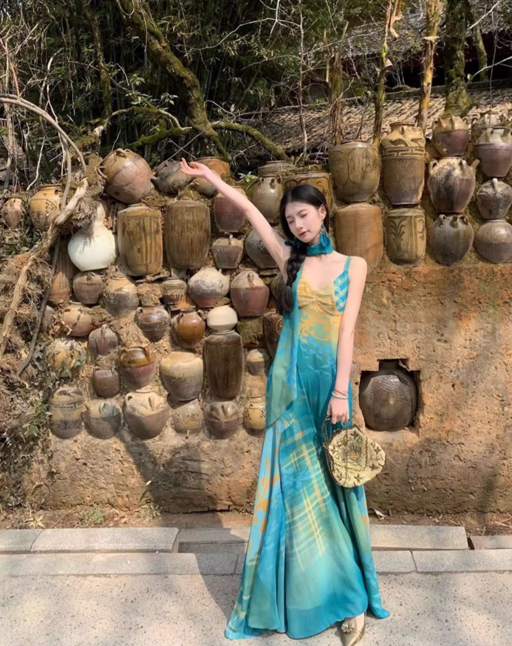 Boho Style Artistic Patterns Maxi Dress Flowy Design Spaghetti Strap Long Dress AP1092