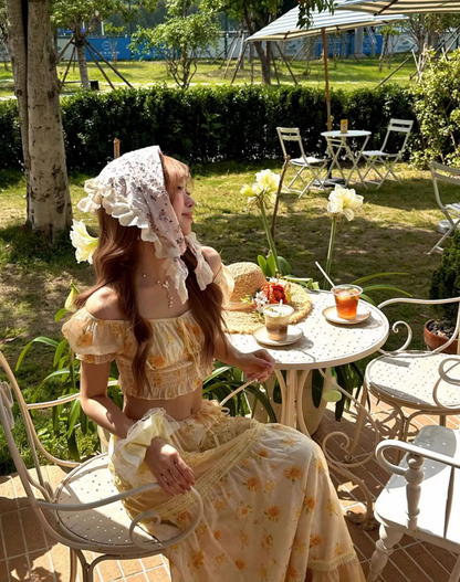 Cottagecore Off-Shoulder Floral Two-Piece Long Dress Open-Waist Tiered Lace Long Dress AP1093