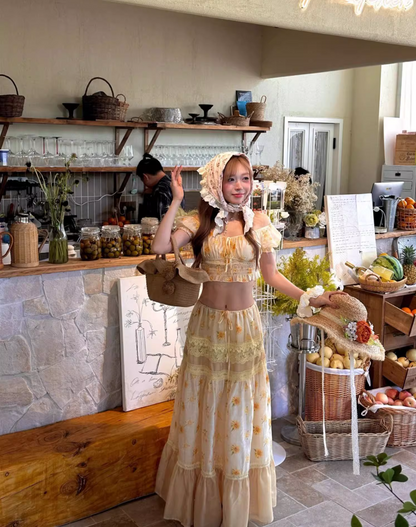 Cottagecore Off-Shoulder Floral Two-Piece Long Dress Open-Waist Tiered Lace Long Dress AP1093