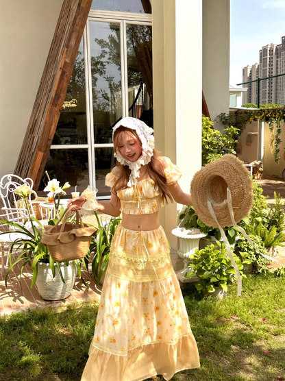 Cottagecore Off-Shoulder Floral Two-Piece Long Dress Open-Waist Tiered Lace Long Dress AP1093