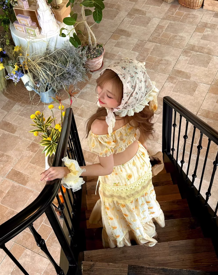 Cottagecore Off-Shoulder Floral Two-Piece Long Dress Open-Waist Tiered Lace Long Dress AP1093