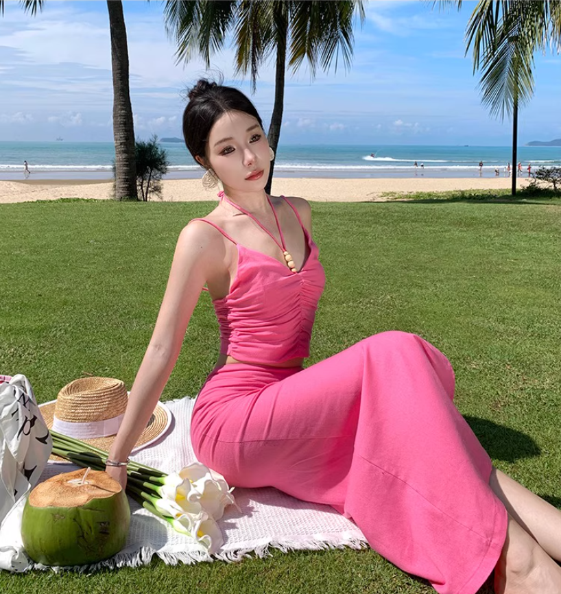 Bright Pink Two-Piece Ruffled Slit Maxi Dress Summer Beach Spaghetti Strap Long Dress AP1094