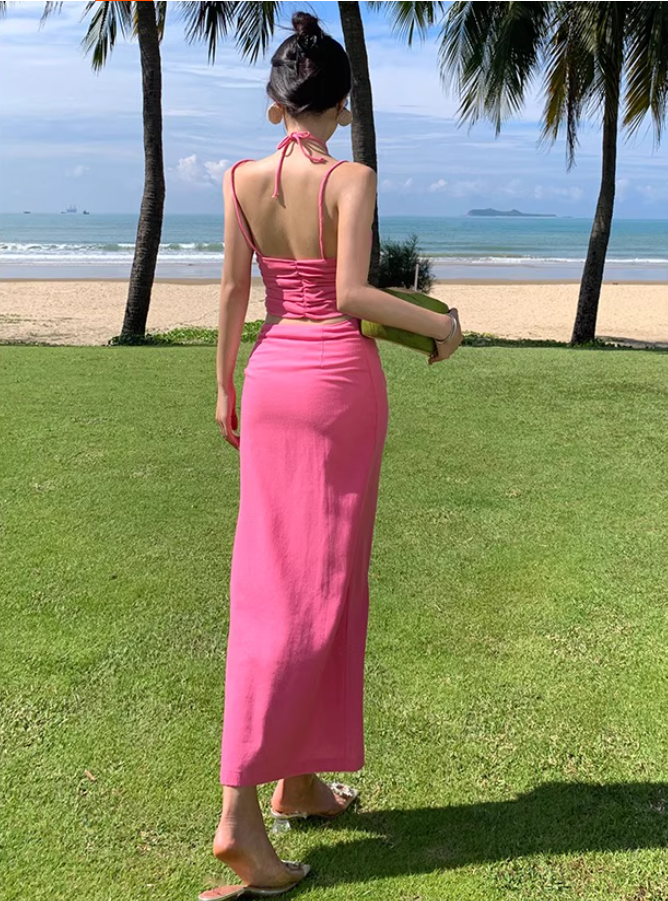 Bright Pink Two-Piece Ruffled Slit Maxi Dress Summer Beach Spaghetti Strap Long Dress AP1094