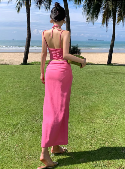 Bright Pink Two-Piece Ruffled Slit Maxi Dress Summer Beach Spaghetti Strap Long Dress AP1094