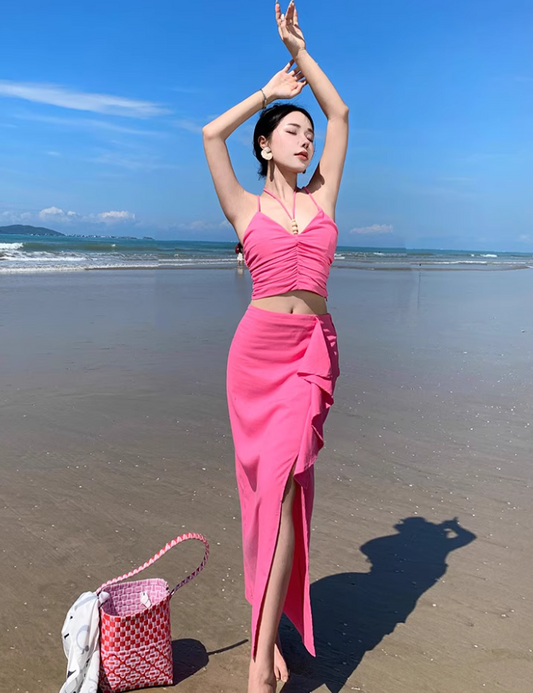 Bright Pink Two-Piece Ruffled Slit Maxi Dress Summer Beach Spaghetti Strap Long Dress AP1094